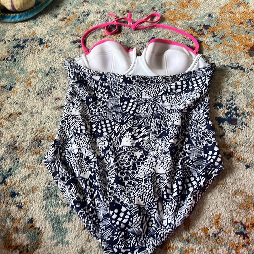 Lilly Pulitzer Target Swimsuit Upstream Blue Pink Trim Halter One Piece Large - Picture 5 of 6
